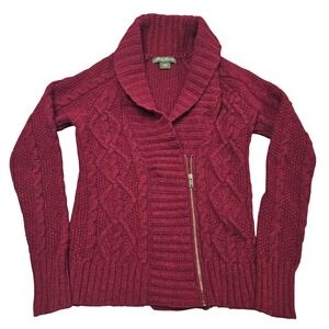 Eddie Bauer Wool Blend Sweater Small Burgundy Cable Knit Zip Collar Casual